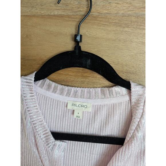 Pilcro Sweater Womens S Pink Silver Metallic Long Sleeve Crew Neck Button Front - Picture 3 of 3
